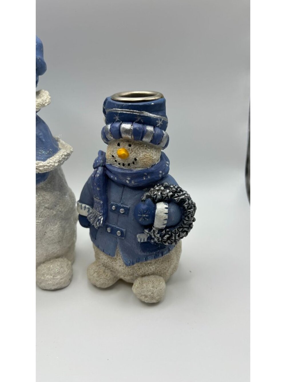 Set Of 3 Snowman Candle Holders With Blue Winter Coats & Glitter Accents - Picture 4 of 5